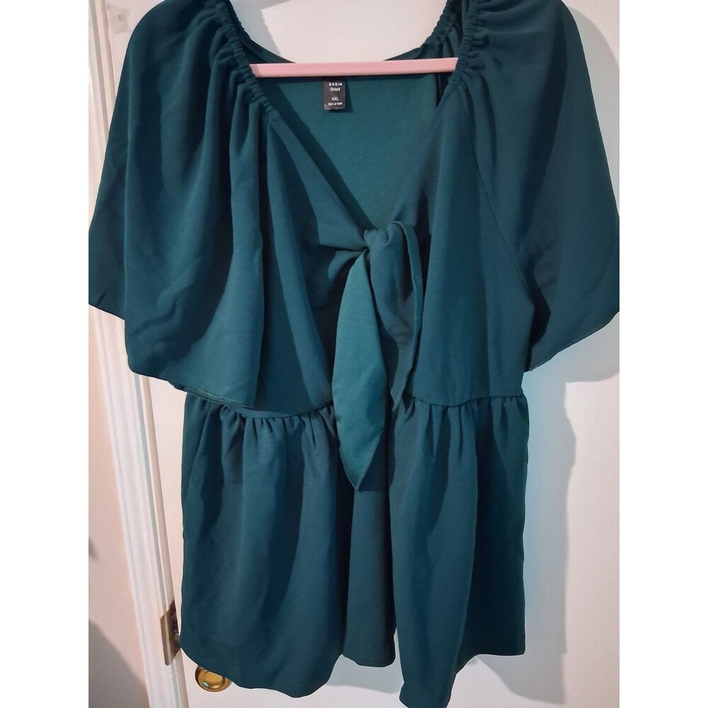 SHEIN Curve Women's Solid V-Neck Tie-Front Romper Short Sleeve Green 4XL